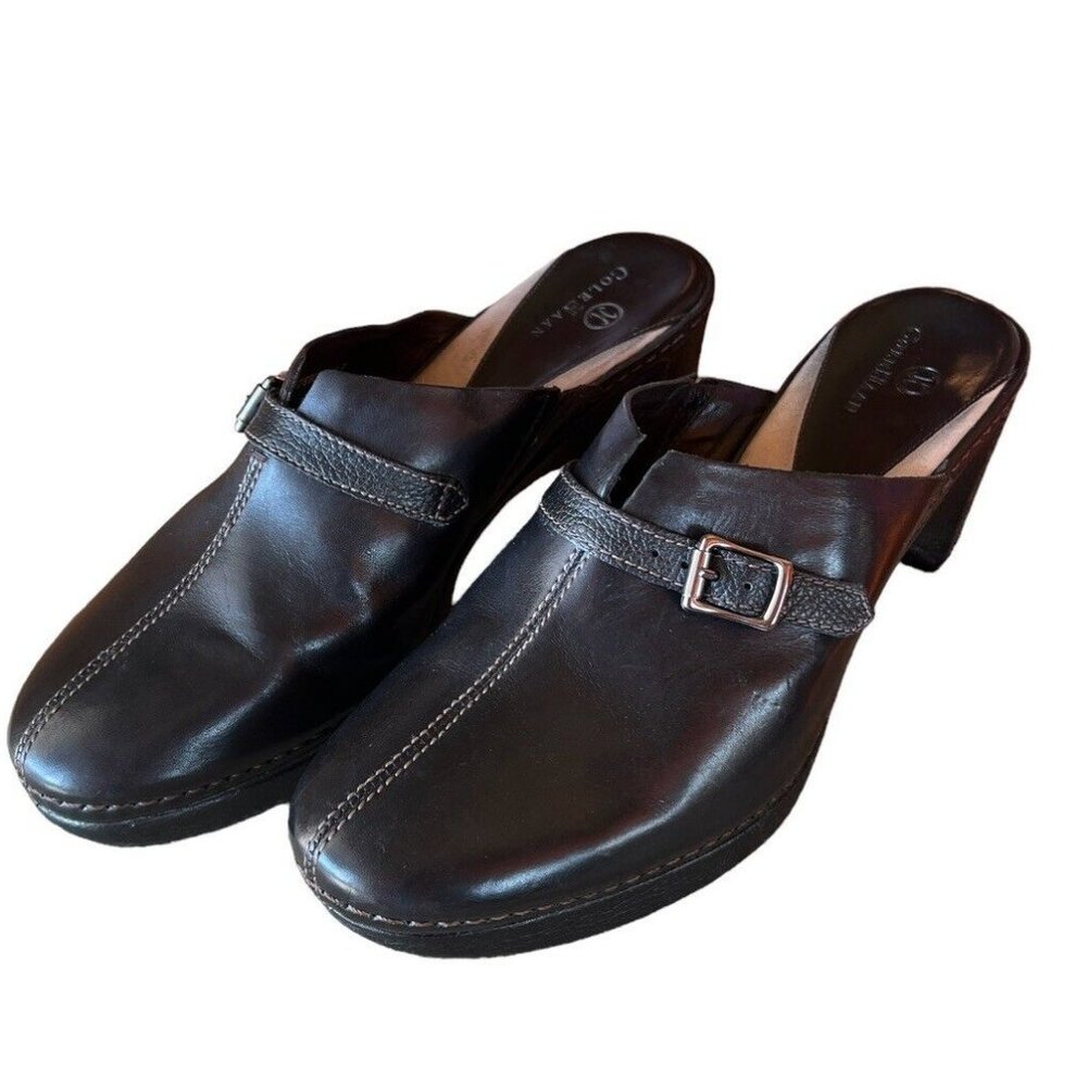 Cole Haan Womens Sz 8.5 Black Buckle Slip On Clog Wedge Mule Shoe D15803